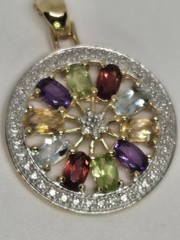 Natural Multi Gemstone Diamond Center Pendant 925 Silver Gold Plated Circle