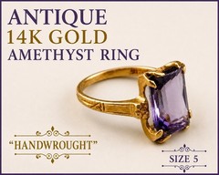 Antique Vintage 14K Yellow Gold Amethyst Handwrought Ring Size 5.75