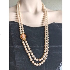 Vintage ERWIN PEARL Double Strand Glass Pearl Necklace Cameo Clasp Opera 23″