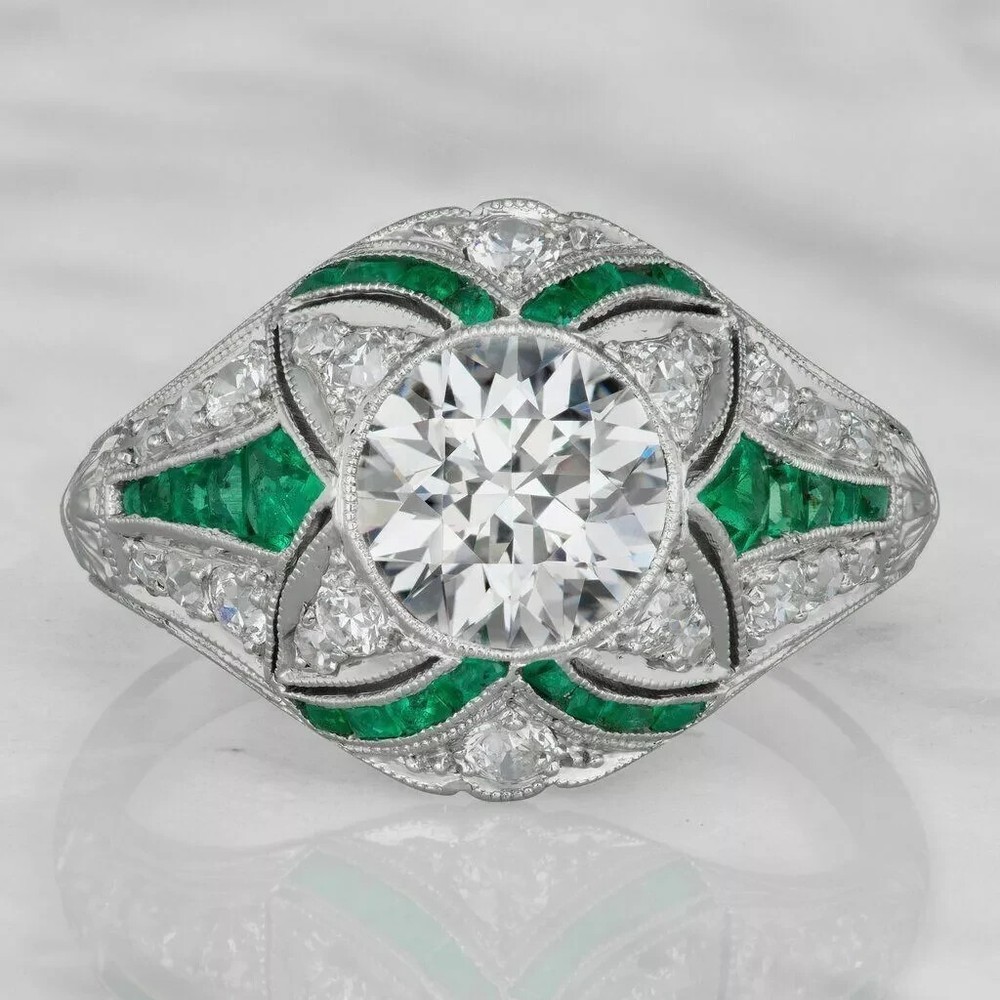Vintage Art Deco Style Round Lab Created Diamond Wedding 14k White Gold FN Ring