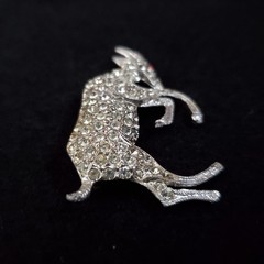Vintage Pot Metal Rhinestone Brooch Silver Tone Ram Goat Figural 2″ READ