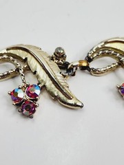 Vintage Judy Lee Signed Gold Tone Rhinestone Bracelet And Clip On Earrings Leaf