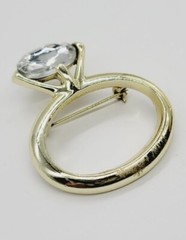 Huge Engagement Ring Brooch Pin Vintage Gold Tone Rhinestone Funny