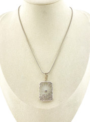 Vintage Camphor Glass Genuine Diamond Pendant Necklace Rhodium Plated Floral
