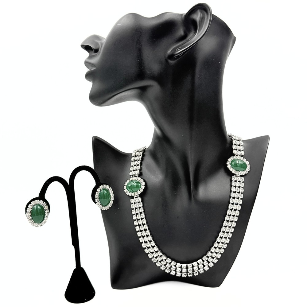 Eisenberg Ice Signed Green Glass Cabochon Clear Rhinestone Necklace Earring Set