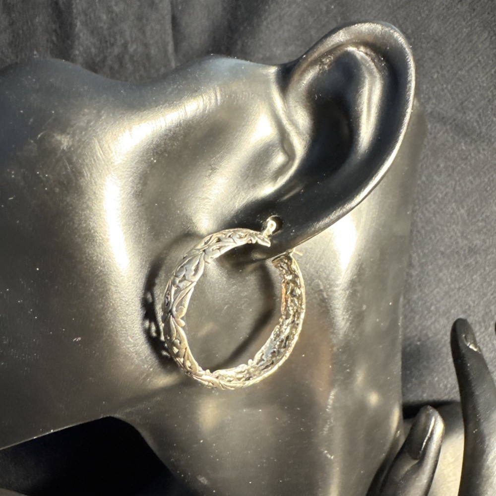 Vintage Jezlaine Sterling Silver 925 Ornate Scroll Open Work Hoop Earrings