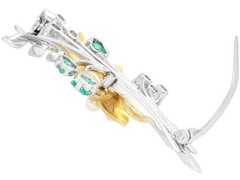 0.78Ct Emerald 0.55Ct Diamond and Pearl 18k Yellow Gold and Platinum Brooch