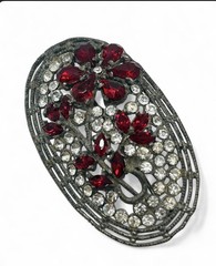 Vintage 1930’s Art Deco Pot Metal Red Glass Rhinestone Floral Brooch