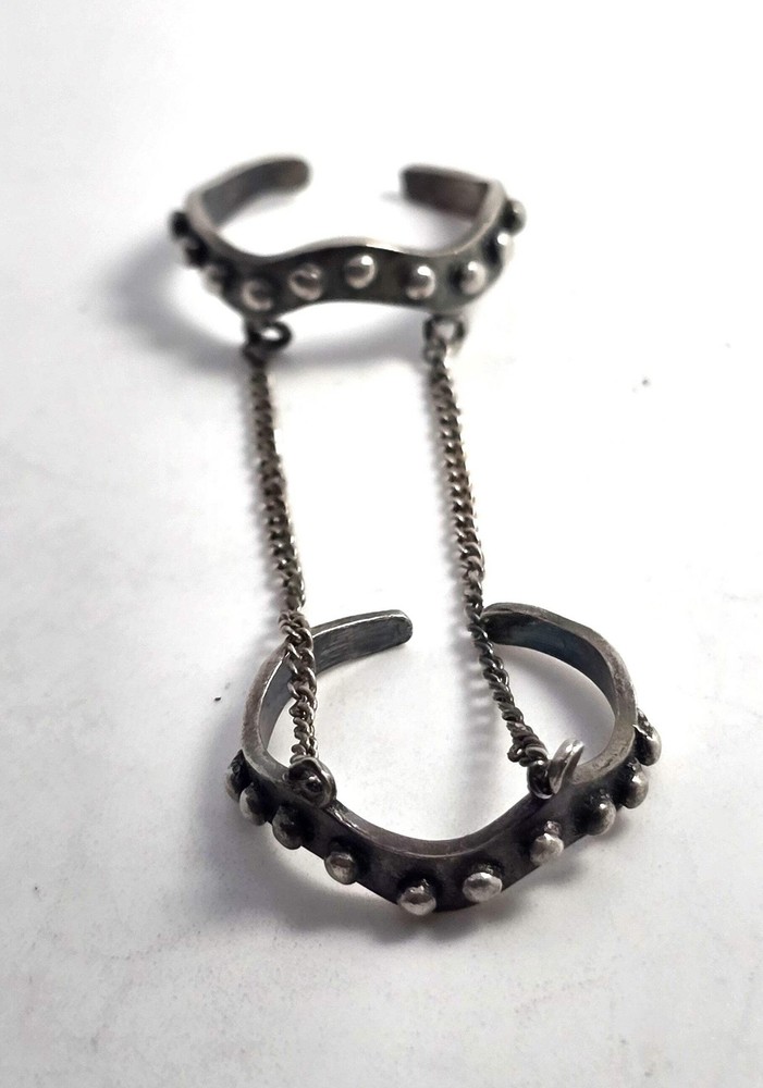 Tribal punk studded sterling silver vintage double ear cuff with connecting chai
