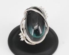 38.45ct Bi-Color Indicolite Tourmaline 0.28ct Diamond Platinum Ring Size 6.5