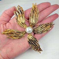 Vtg MCM Sterling Modernist Flower Brooch Mabe Pearl Gold Vermeil 5″ 71g Signed