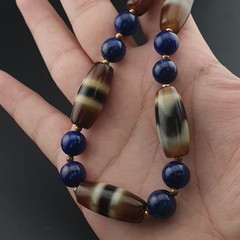 Vintage Tibetan Agate & Lapis Lazuli Necklace Zigzag Pattern Beads 22in