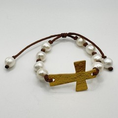 Baroque Pearls & Cross Bracelet Brown Cord Bolo Gold Tone Religious Stackable