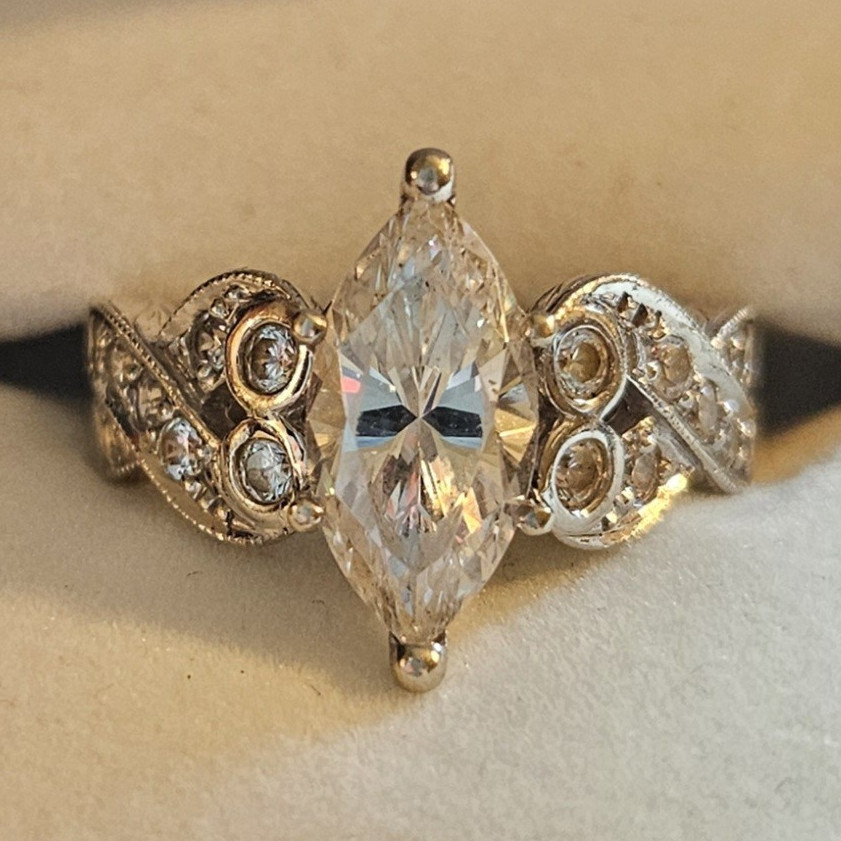 14K White Gold Marquise CZ Engagement Ring Prong Set, Accents Size 5.75