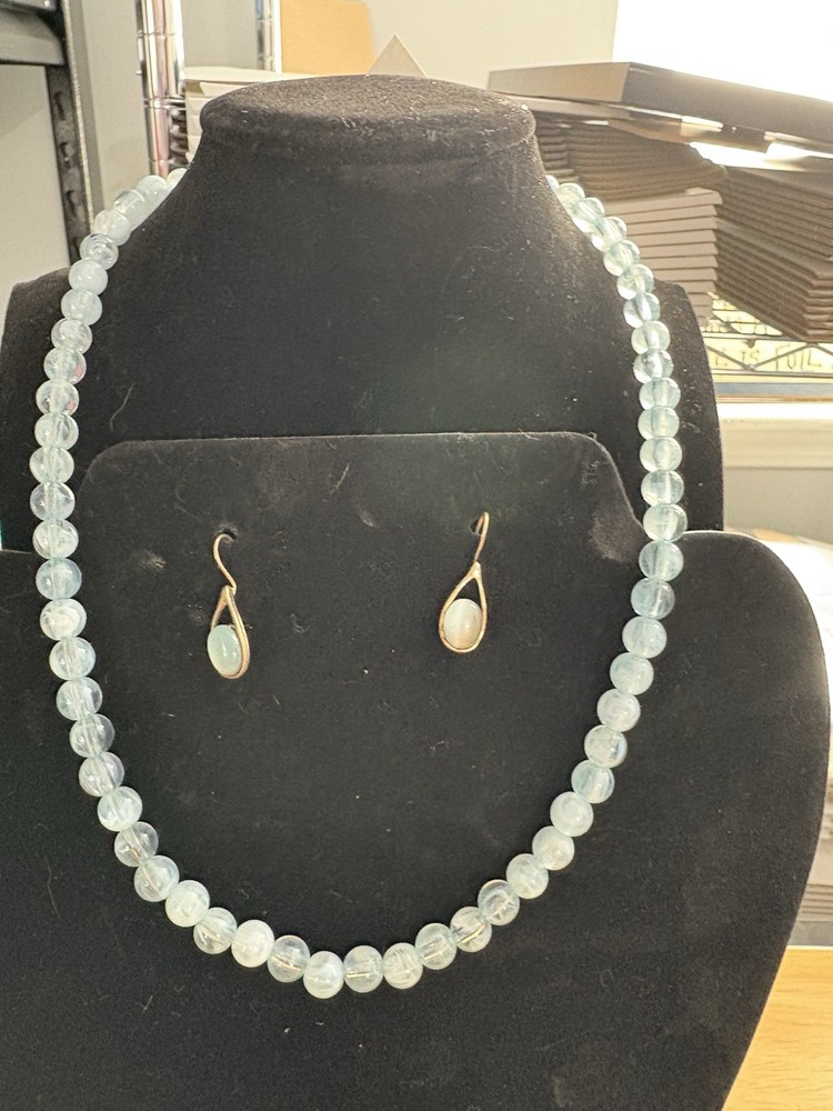 VINTAGE 18” RARE AQUA SHAPED GEMSTONE BEADED NECKLACE /EARRINGS PUERTO RICA MADE
