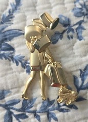 Vintage AJC Woman Shopper With Bags & Dog Gold Tone Pin Brooch