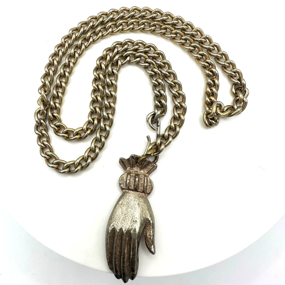 Vintage Victorian Revival gold tone hand pendant 17″ curb link chain necklace