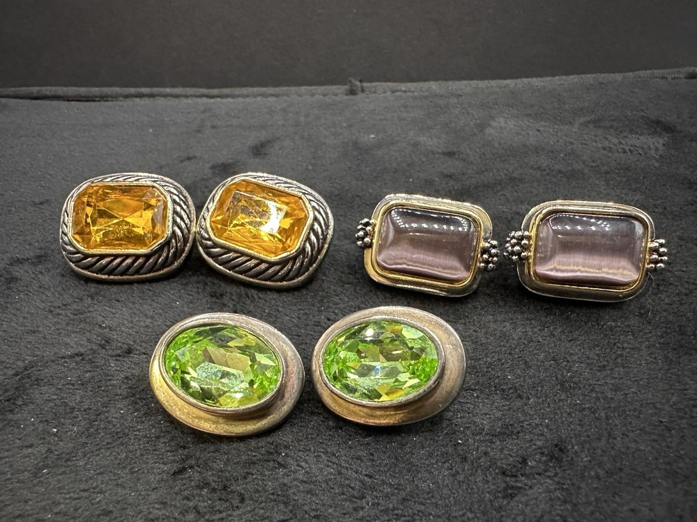 Vintage Lot Of Three Multi Stone Gold Tone Silver Tone Clip-on Earrings
