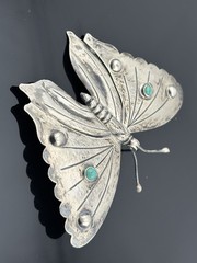 BIG Vtg Sterling Silver Butterfly Brooch Mexico Turquoise Stones 3.25″ Insect