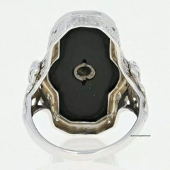 Art Deco Black Onyx & Mine Cut Cubic Zirconia 18.26TCW Filigree Milgrain Ring