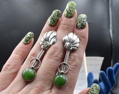 Soviet VTG old Ukraine earrings Sterling SILVER 925 stone green nephritis