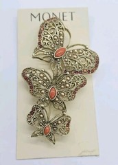 Monet Brooch Three Huge Butterflies Faux Coral Gold Tone 3.5 in Signed Vintage
