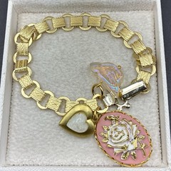 Charm Trio: Rose, Czech Glass Bird, Locket on New Victorian Book Chain Bracelet