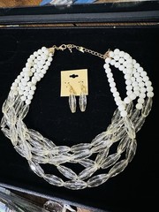 Vintage White Clear Plastic Lucite Costume Jewelry Set Necklace & Earrings