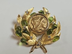 Vtg JBK CAMROSE & KROSS Jaqueline Kennedy Signed JBK USA Greek Coin Brooch