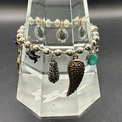 Vintage Bracelet & Charms of Mixed Metals: Heart, Angel Wing, Bird, Faux Opal