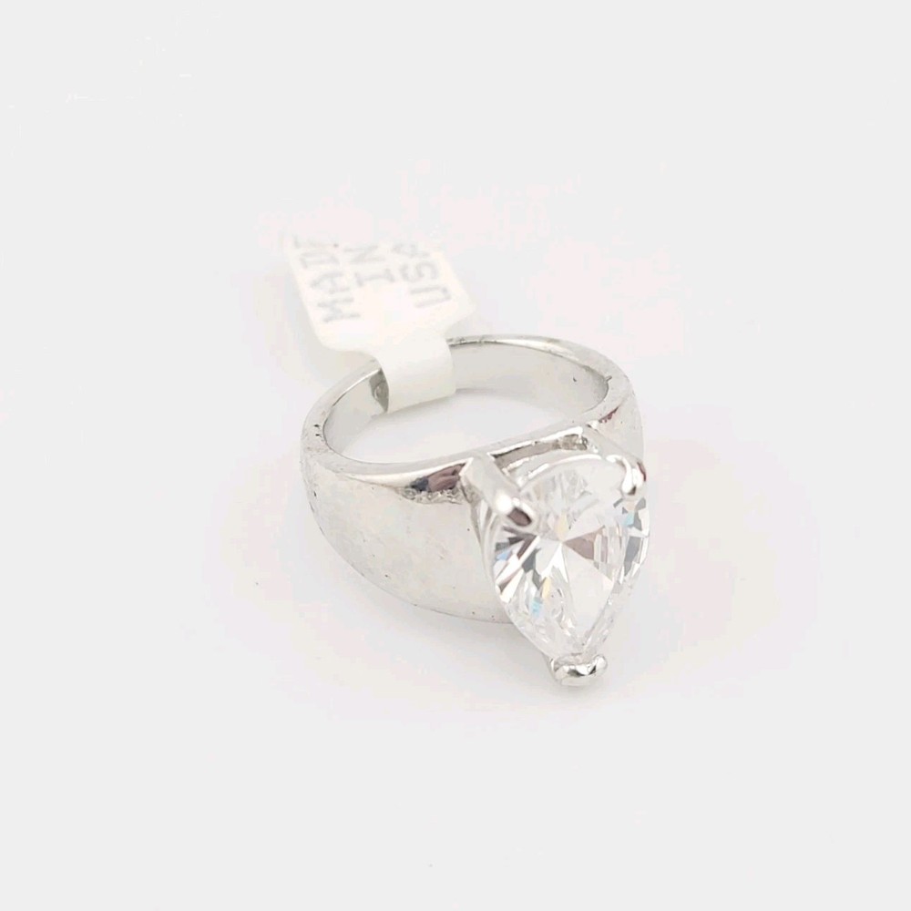 Vtg Sz 7 Ring Pear Teardrop Cubic Zirconia 18KGE White Gold Electroplate Jewelry