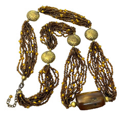 VTG Brown Necklace Multi Strand Seed Beads Large Bronze Wood Wooden Bead 31 in