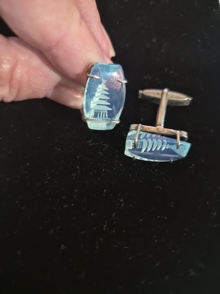 Japan Fine Silver Cufflinks Pagoda Reverse Carved Opaline Glass