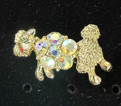 Vintage AB Aurora Borealis Rhinestone Green Eyed Poodle Gold Tone Dog Brooch Pin
