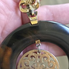 Vinatge Crown Trifari Necklace Large Brown Faux Tortuous Pendant Gold Tone Chain