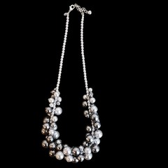 ​RMN Vintage Faux Pearl Cluster Statement Necklace Silver Gray Chunky Bib Drop