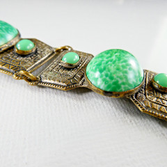 Vintage Czech Ornate Brass Tone Bracelet Filigree Links Peking Glass Cabochons