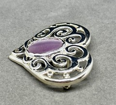 Signed AAI Silver Toned Filigree Heart Purple Stone Brooch