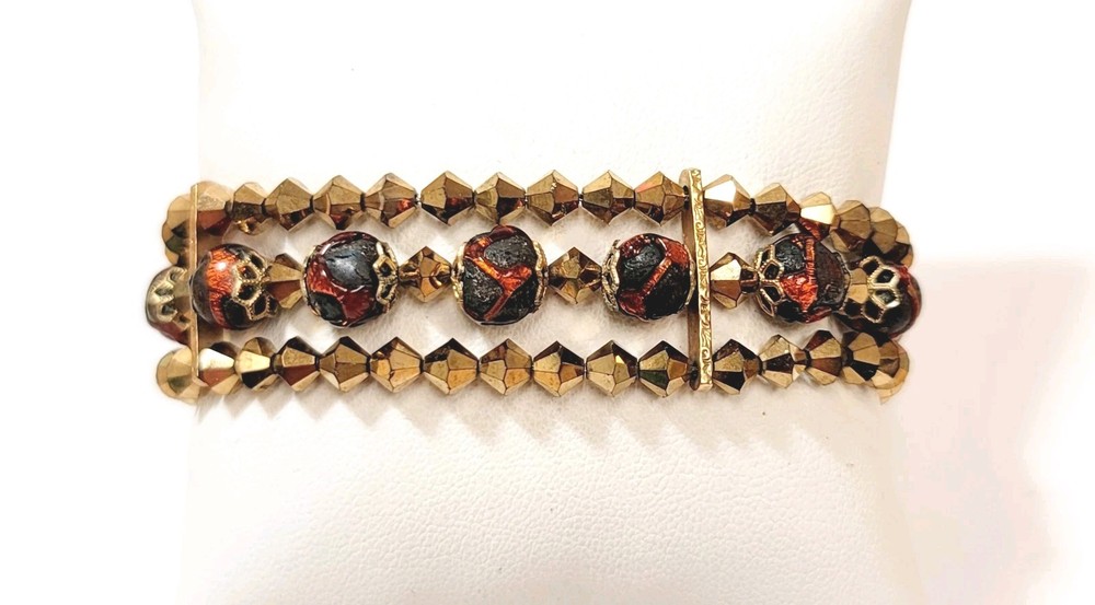 Vintage Hobe Bronze Glass Bead Black Orange Art Glass Goldtone Bracelet