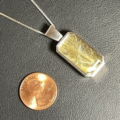 Vtg Golden Straw Rutilated Quartz Pendant Sterling Silver Necklace Box Chain 24”