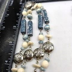 Necklace Vintage Beaded Floral Blue Bleached Acrylic 32″ Layering SKU2342