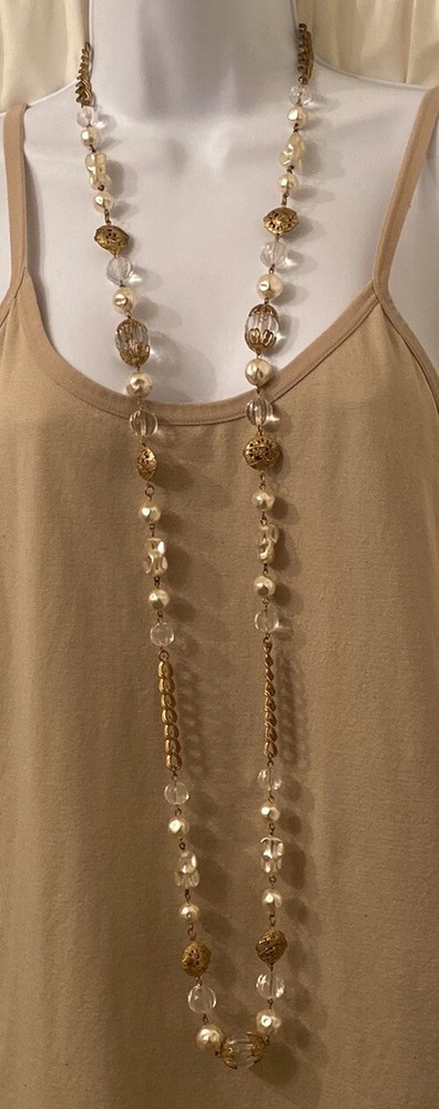 Vtg Miriam Haskell Signed Faux Pearl Lucite Ornate Russian Gold Beaded Necklace