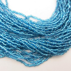 Vtg Glass Sead Bead Necklace Rhinestone Clasp Blue Multistrand Gold Tone 15 Inch