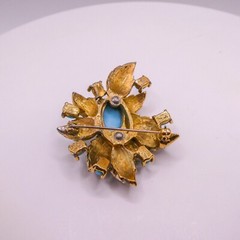 Jomaz Mazer Blue & White Rhinestone Gold Flower 2″ Brooch Pin Signed HTF