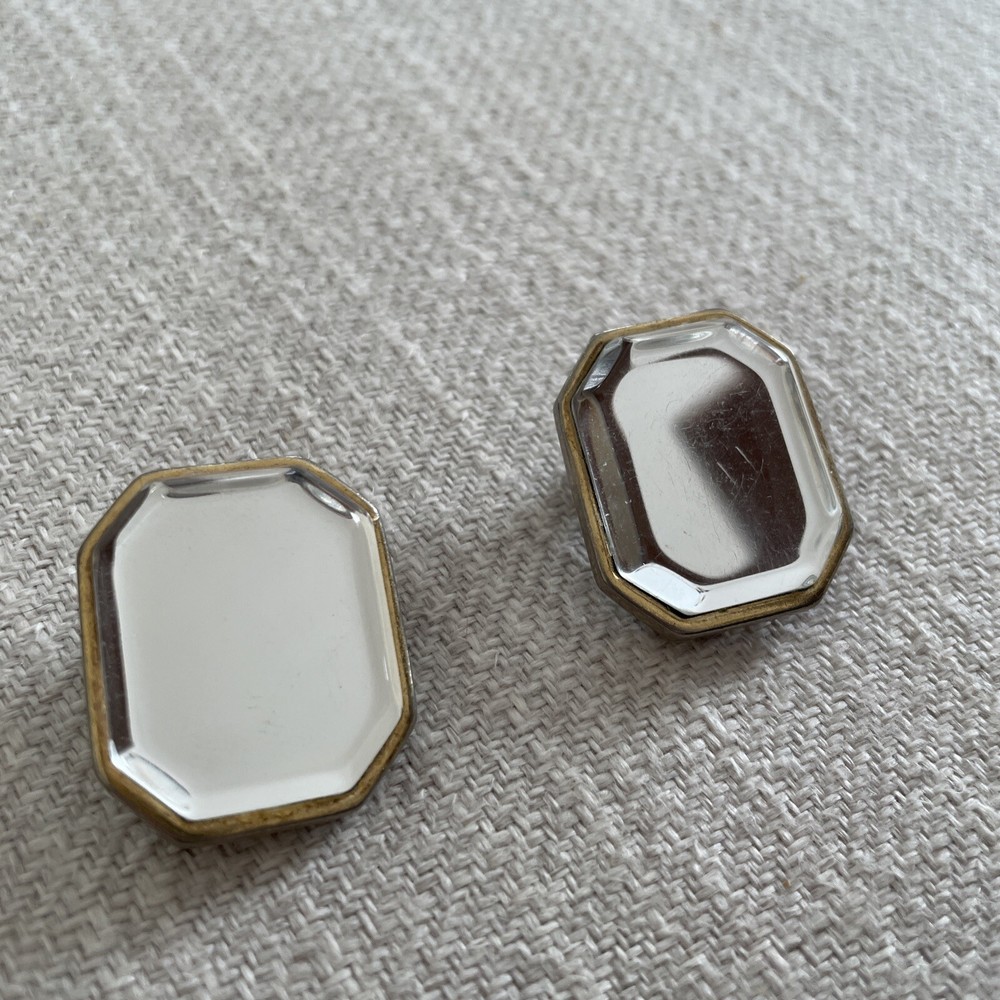 Vintage Gold tone Octagon Rhinestone Bold Statement Clip-on Earrings Mirrored