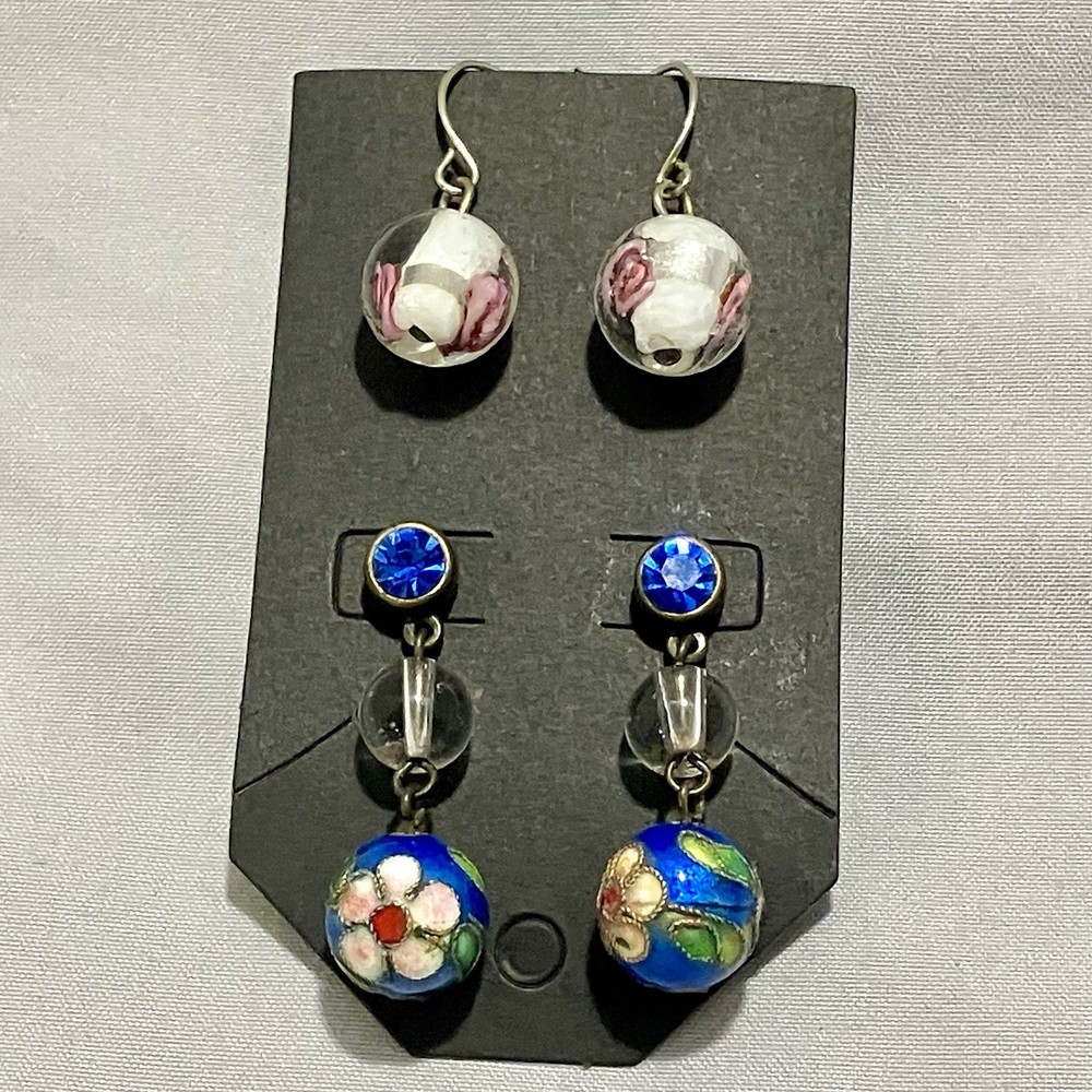 Lot Of 2 Beaded Dangle Drop Ball Earrings Blue Pink Floral Boho Spring Time