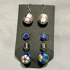 Lot Of 2 Beaded Dangle Drop Ball Earrings Blue Pink Floral Boho Spring Time