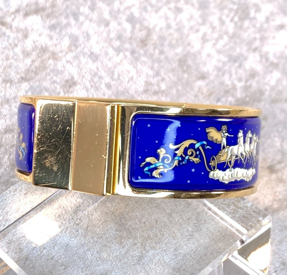 Vintage Hermes Clic Clac Bangle Bracelet Blue Enamel Angel White Horse Size PM
