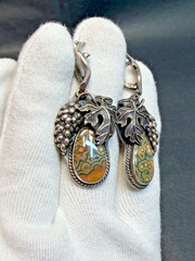 Mid Century Art Sterling SIlver Dangle Earrings Orbicular Jasper Grapevine Lever