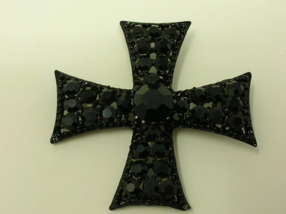 Vintage Weiss Black Maltese Cross Pendant Jet Glass Rhinestones 2″ Estate Find
